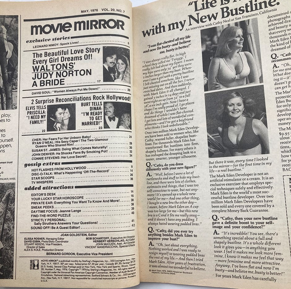 Interior page of VTG Movie Mirror Magazine May 1976 Vol 20 #7 showcasing an interview segment and articles, reflecting the vintage style of classic Hollywood journalism.
