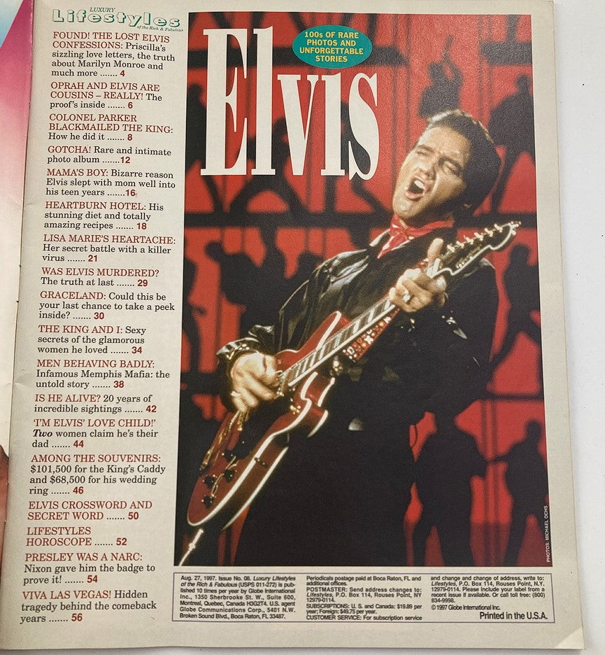 Page from 'Luxury Lifestyles of the Rich & Fabulous August 27 1997' showing Elvis Presley performing passionately with a guitar, accompanied by text about his connections and career highlights.