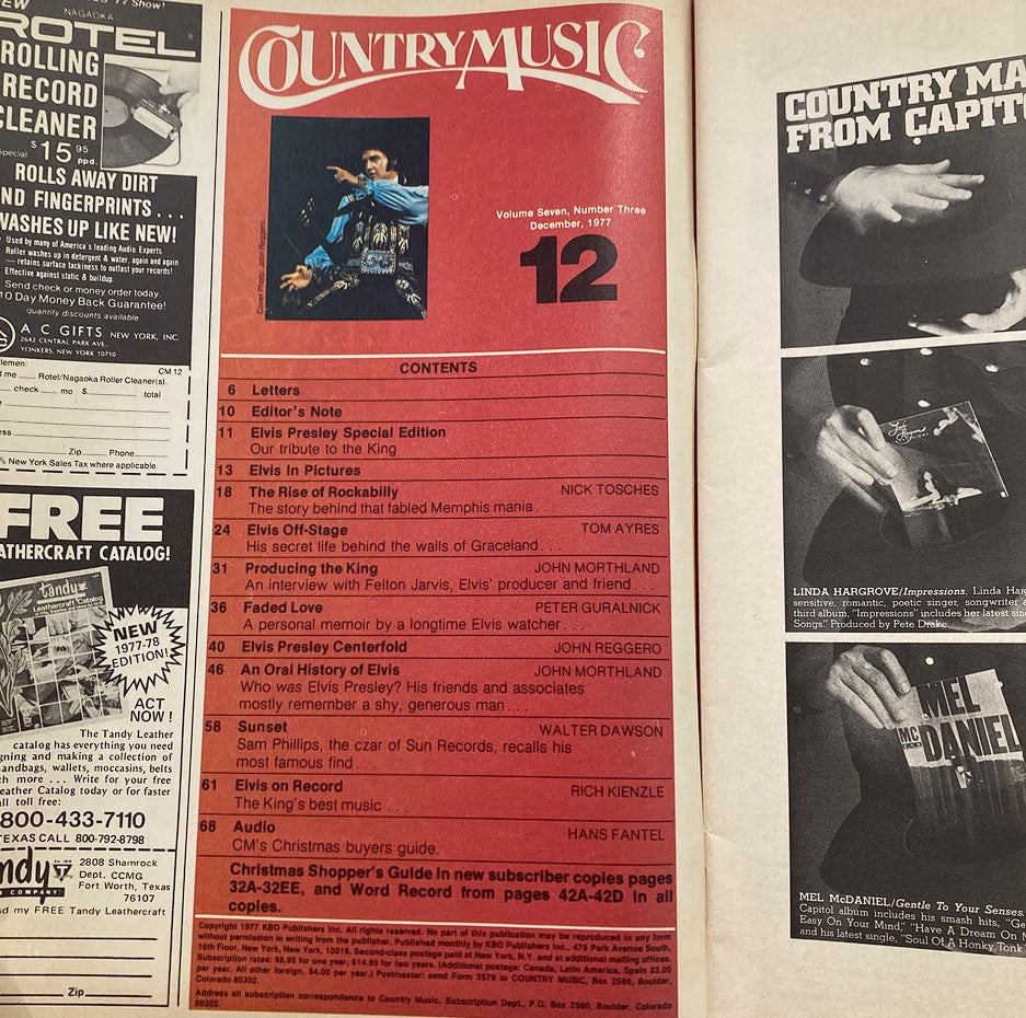 Contents page of December 1977 Country Music Magazine, Volume 7, Issue #3, featuring articles including Elvis Presley special edition and significant country music topics.