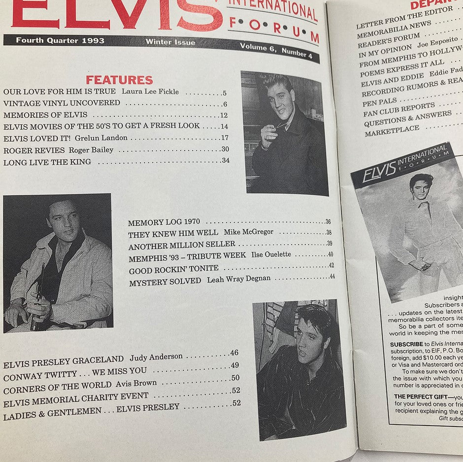 Inside page of Elvis International Forum Winter 1993 Vol 6 #4 featuring articles and features about Elvis Presley, including photos and details from the publication.
