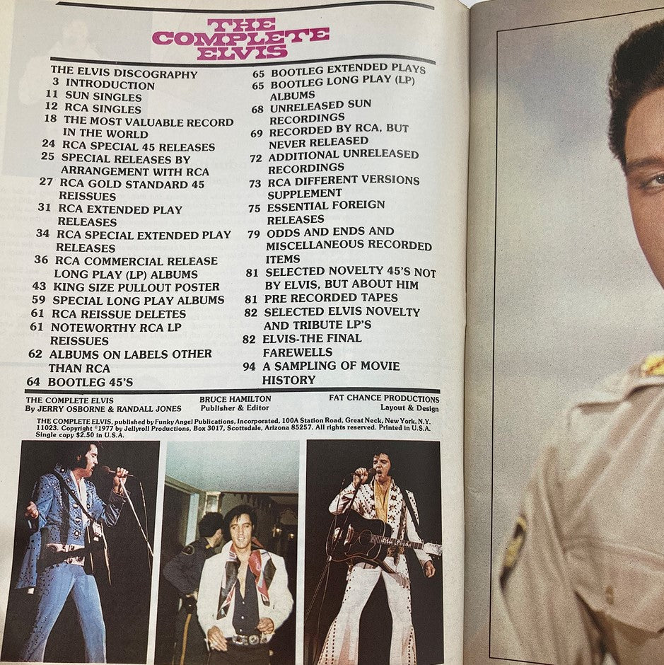 Contents page of VTG 1977 The Complete Elvis Presley Magazine listing topics including discography, unreleased songs, and bootleg recordings.