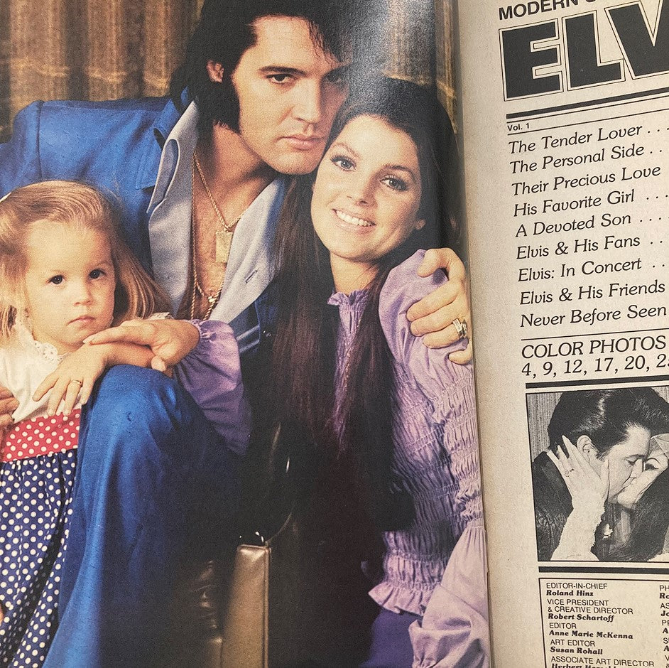 Elvis Presley with two women and a child on the cover page of VTG Modern Screen Magazine 1980 #5, capturing intimate family moments.