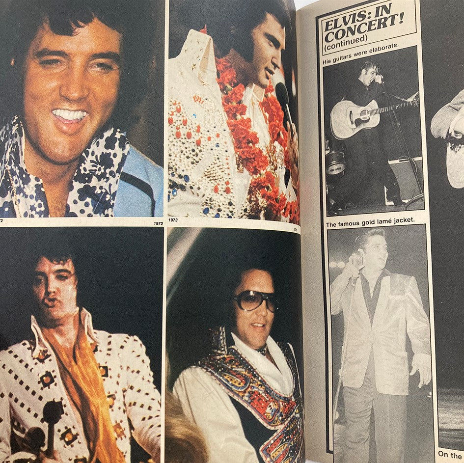 Inside page of VTG Modern Screen Magazine 1980 #5 with multiple images of Elvis Presley performing in concert, showcasing his iconic stage presence.