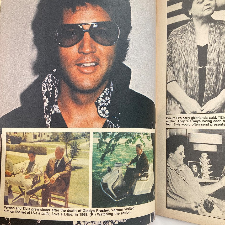 Image from VTG Modern Screen Magazine 1980 #5 showing Elvis Presley in sunglasses, discussing family connections, with candid shots alongside family members.