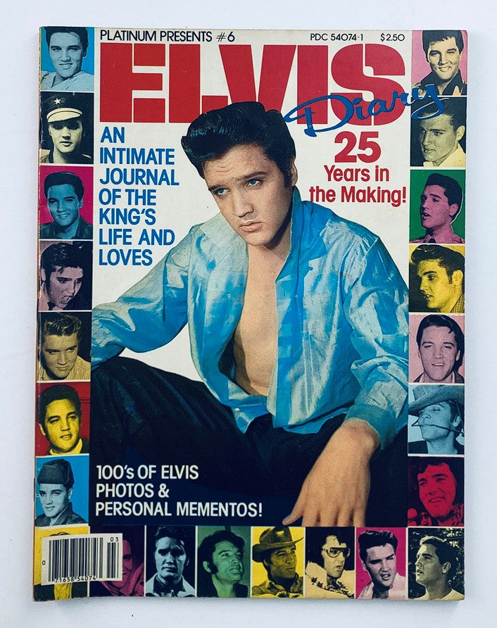 VTG Platinum Magazine 1979 #6 presents Elvis Presley Diary cover featuring Elvis in a blue shirt, surrounded by multiple photos of him, showcasing the theme "An Intimate Journal of the King's Life and Loves" and celebrating 25 years of his legacy.