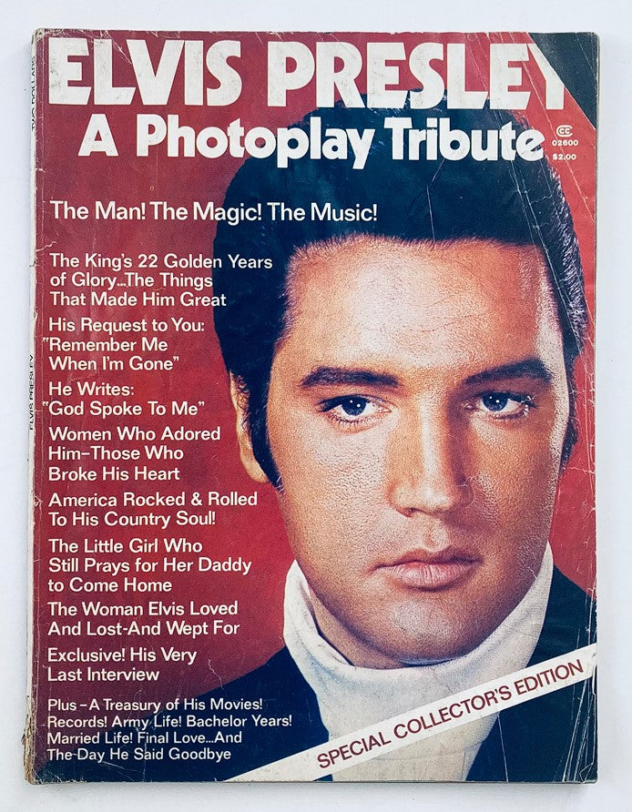 Cover of VTG Photoplay Magazine 1977 celebrating Elvis Presley with the title 'A Photoplay Tribute'. Features a close-up of Elvis along with text highlighting his influence and iconic status in music.