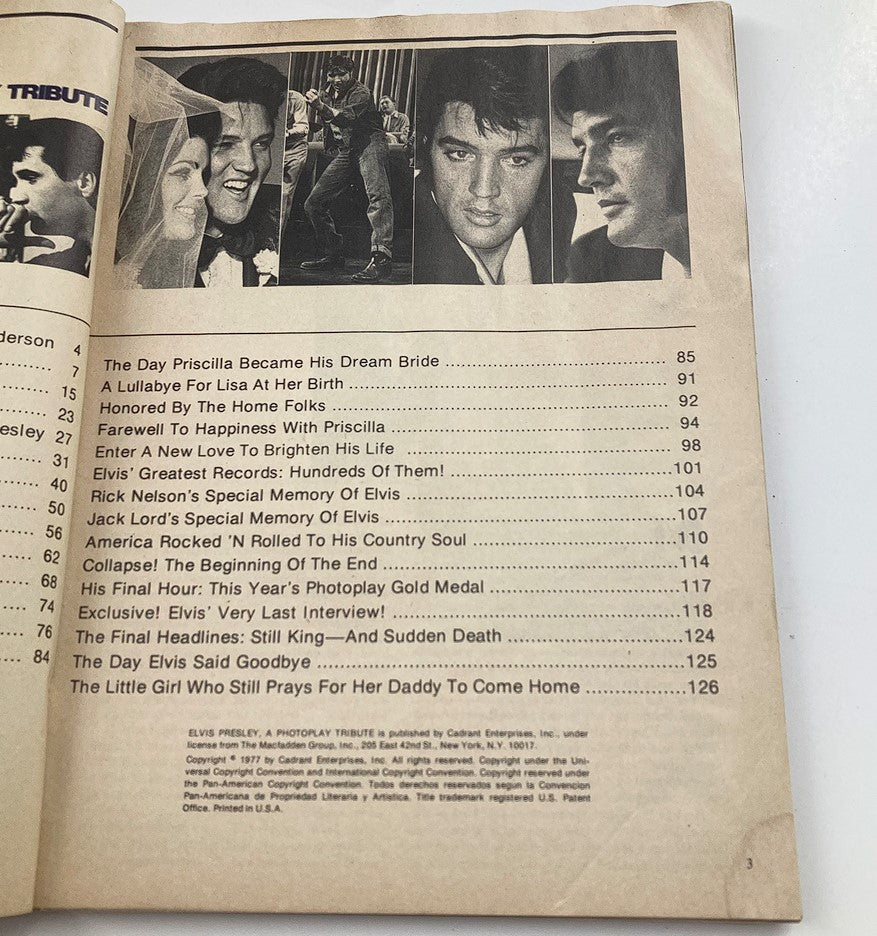 Interior page of VTG Photoplay Magazine 1977 featuring the table of contents. Includes sections dedicated to Elvis Presley, detailing various tributes and personal stories about his life.