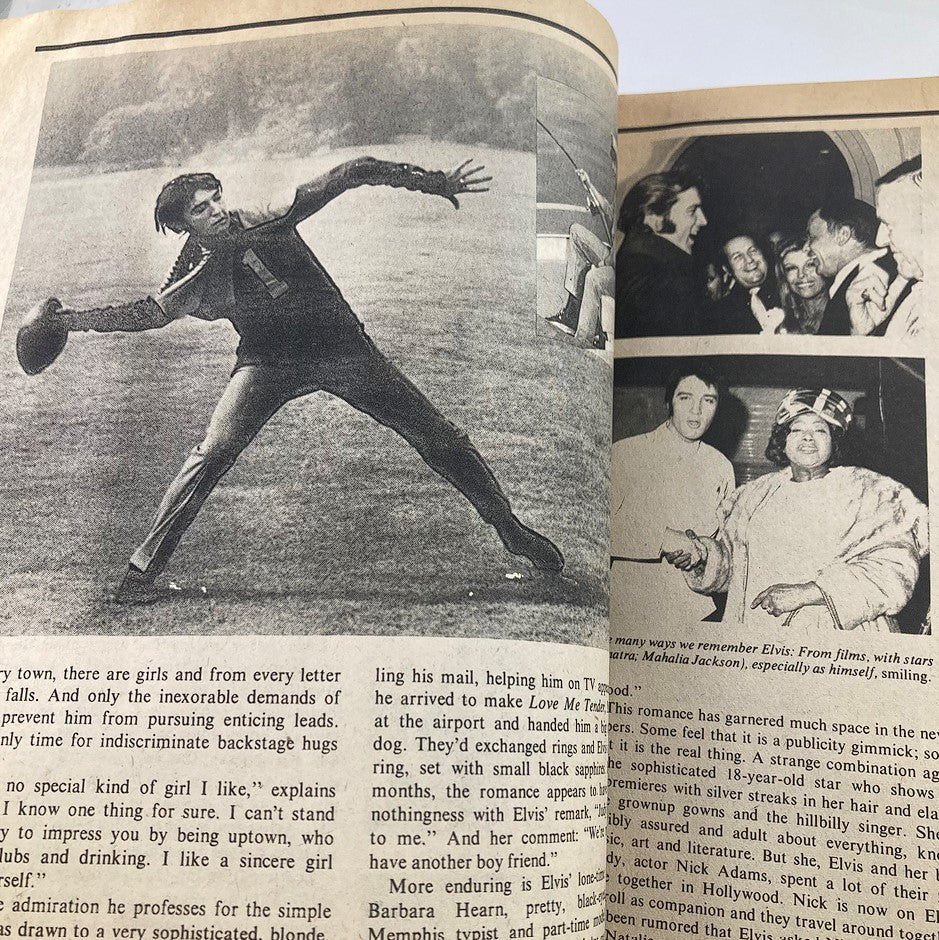 Page from VTG Photoplay Magazine 1977 showcasing vintage photographs and text about Elvis Presley. Illustrates his iconic moments and interactions with notable figures in a nostalgic format.