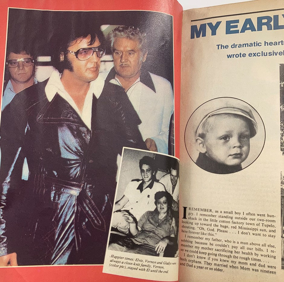 Inside page of the VTG Photoplay Magazine 1977 Elvis Presley A Tribute featuring a photo of Elvis in a black leather outfit and a childhood photo of Elvis.