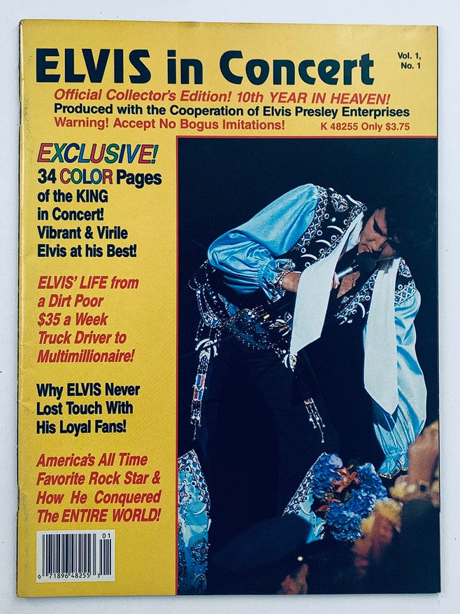 VTG 1987 Elvis Presley in Concert Official Collector's Edition cover featuring Elvis performing on stage. This collector's edition celebrates the 10th year of Elvis in concert with vibrant visuals and exclusive content.