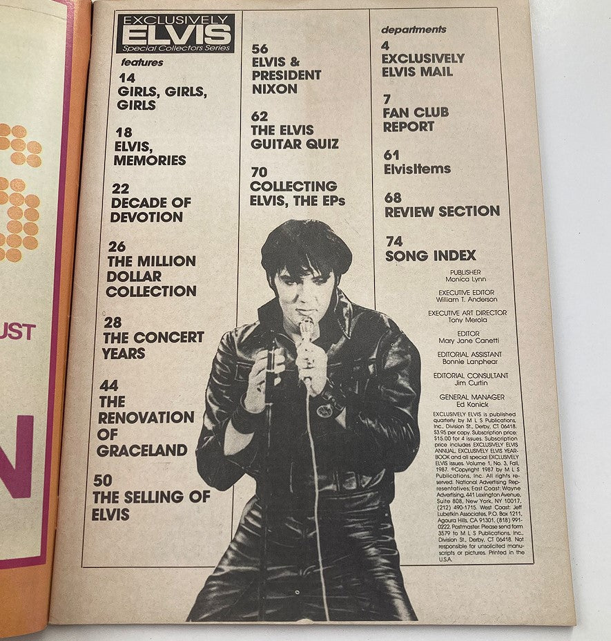 Content page of VTG 1987 Volume 1 #3 Exclusively Elvis Presley Yearbook Collector's Issue featuring articles and features about Elvis.