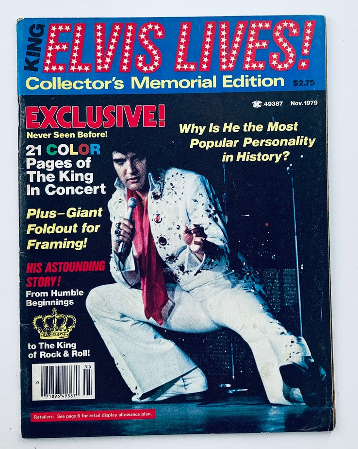 1979 Elvis Presley Lives Memorial Edition magazine cover featuring Elvis in concert, highlighting exclusive features and a giant foldout.