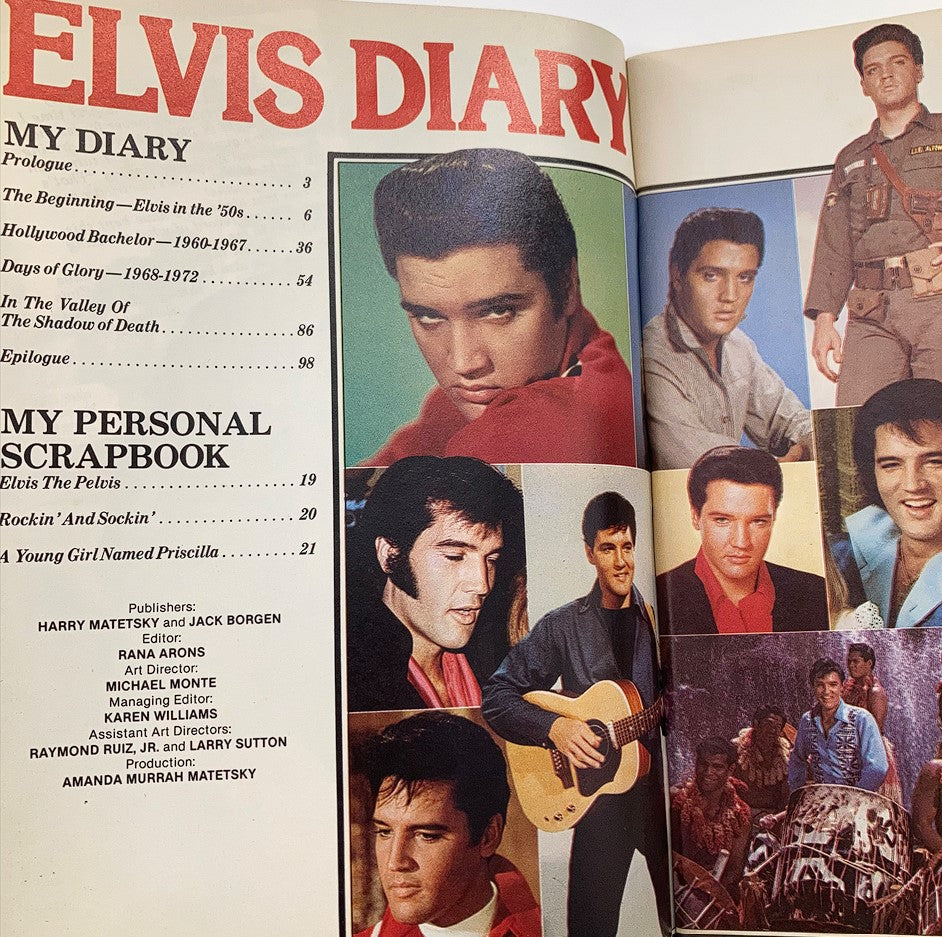 Inside pages of the VTG Platinum Magazine 1979 The Elvis Presley Diary Journal showcasing a table of contents with various Elvis-themed sections and images, celebrating his legacy.