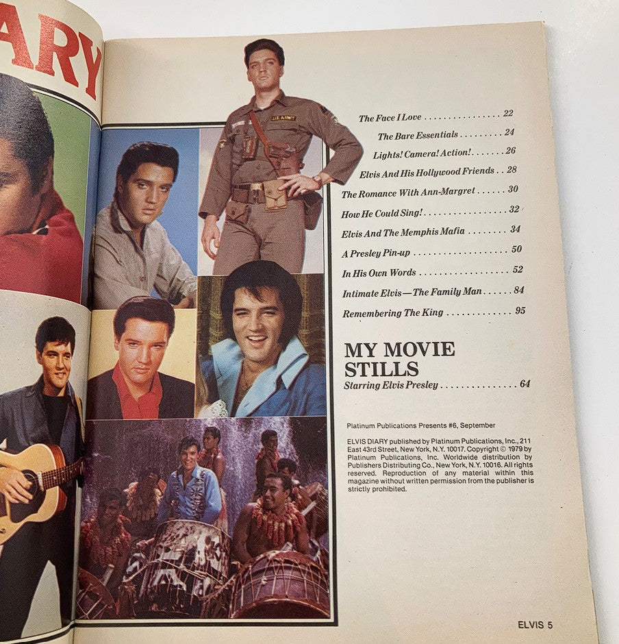 Another interior page of the VTG Platinum Magazine 1979 The Elvis Presley Diary Journal detailing sections about Elvis’s movies and personal life, complete with photos.
