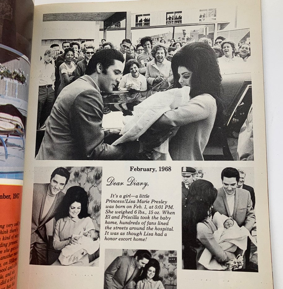 Page from the VTG Platinum Magazine 1979 The Elvis Presley Diary Journal displaying a nostalgic photo of Elvis Presley and Priscilla with their newborn daughter, Lisa Marie.