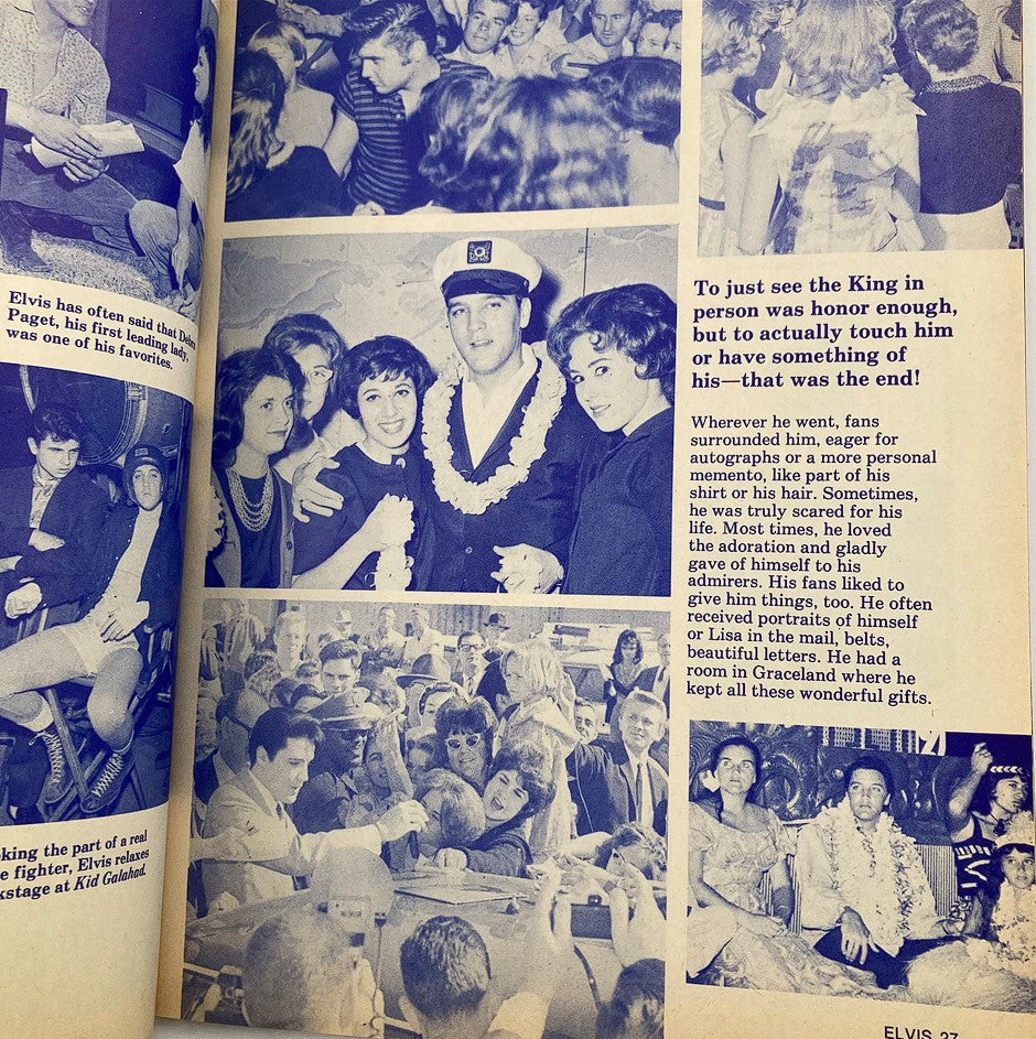 Page from VTG Platinum Magazine 1979 The Elvis Presley Diary Journal with Poster featuring archival photographs of Elvis Presley interacting with fans and moments from his life.