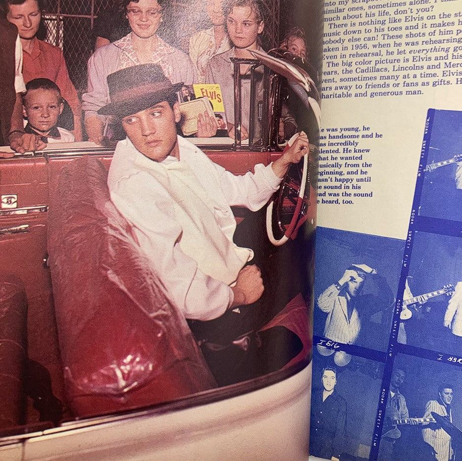 Elvis Presley in VTG Platinum Magazine 1979 The Elvis Presley Diary Journal with Poster, featuring his iconic look while driving a classic car amidst an audience.