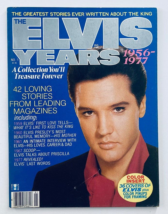 VTG 1979 The Elvis Presley Years magazine featuring a bold cover with Elvis Presley portrait and the title 'The Elvis Years 1956-1977'. This collectible magazine offers 42 loving stories and includes a color insert.