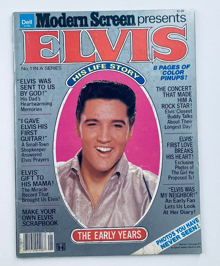 VTG Modern Screen Presents 1979 No. 1 Elvis Presley magazine cover featuring Elvis smiling, with headlines showcasing his life story and iconic moments.