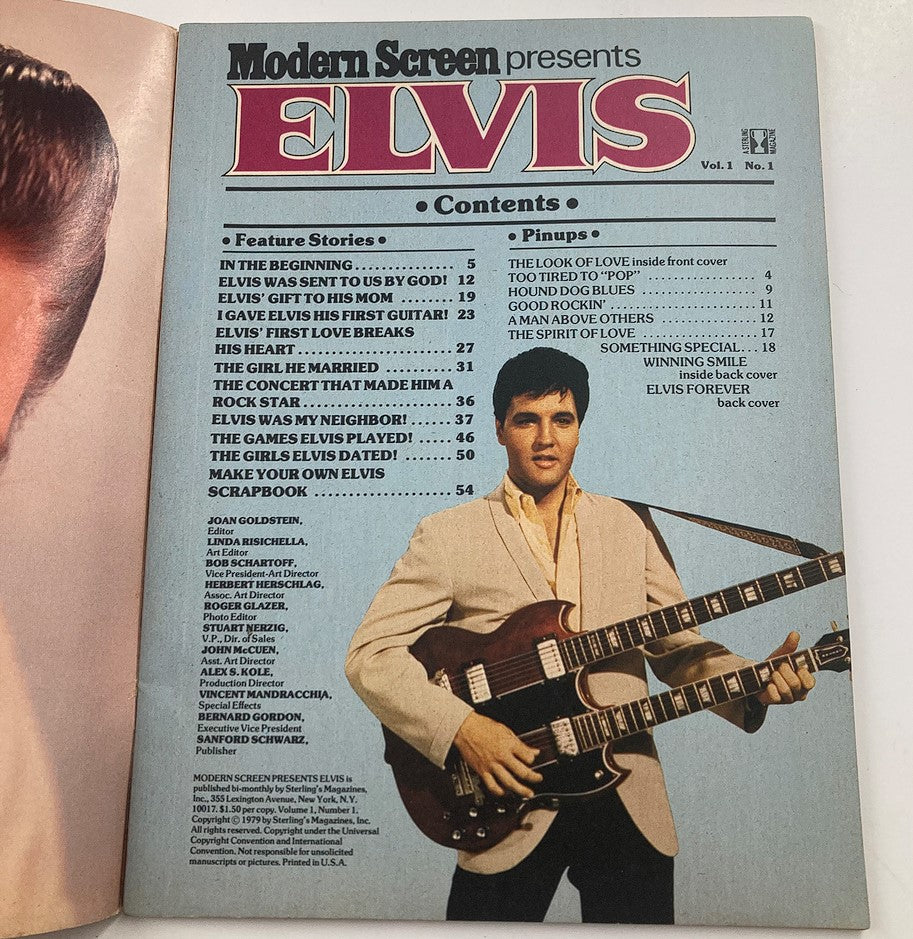 Contents page of VTG Modern Screen Presents 1979 No. 1 Elvis Presley magazine, listing feature stories and pinups related to Elvis.