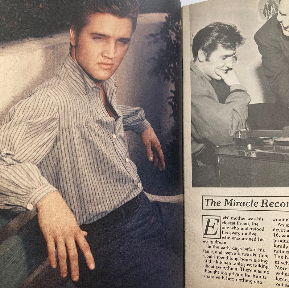 Page from VTG Modern Screen Presents 1979 No. 1 Elvis Presley magazine showing a young Elvis Presley in a striped shirt, highlighting personal stories.