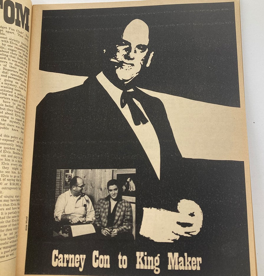 Image from the VTG 1978 Collector’s Edition Elvis Presley magazine illustrating a feature on Colonel Parker, titled 'Carney Con to King Maker'.