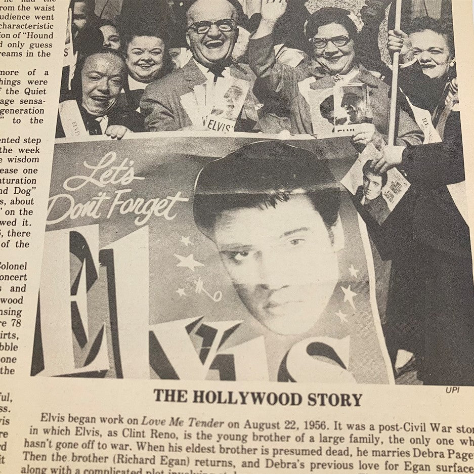 Page from the VTG 1978 Collector’s Edition Elvis Presley magazine showing fans holding a banner reading 'Let's Don't Forget Elvis' during a celebration.