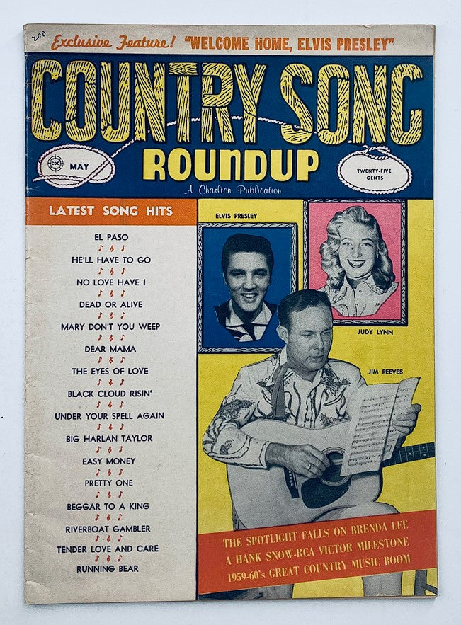 Cover of VTG Country Song Roundup Magazine May 1960 Vol 12 #66 featuring Elvis Presley, showcasing article highlights and listed song hits.
