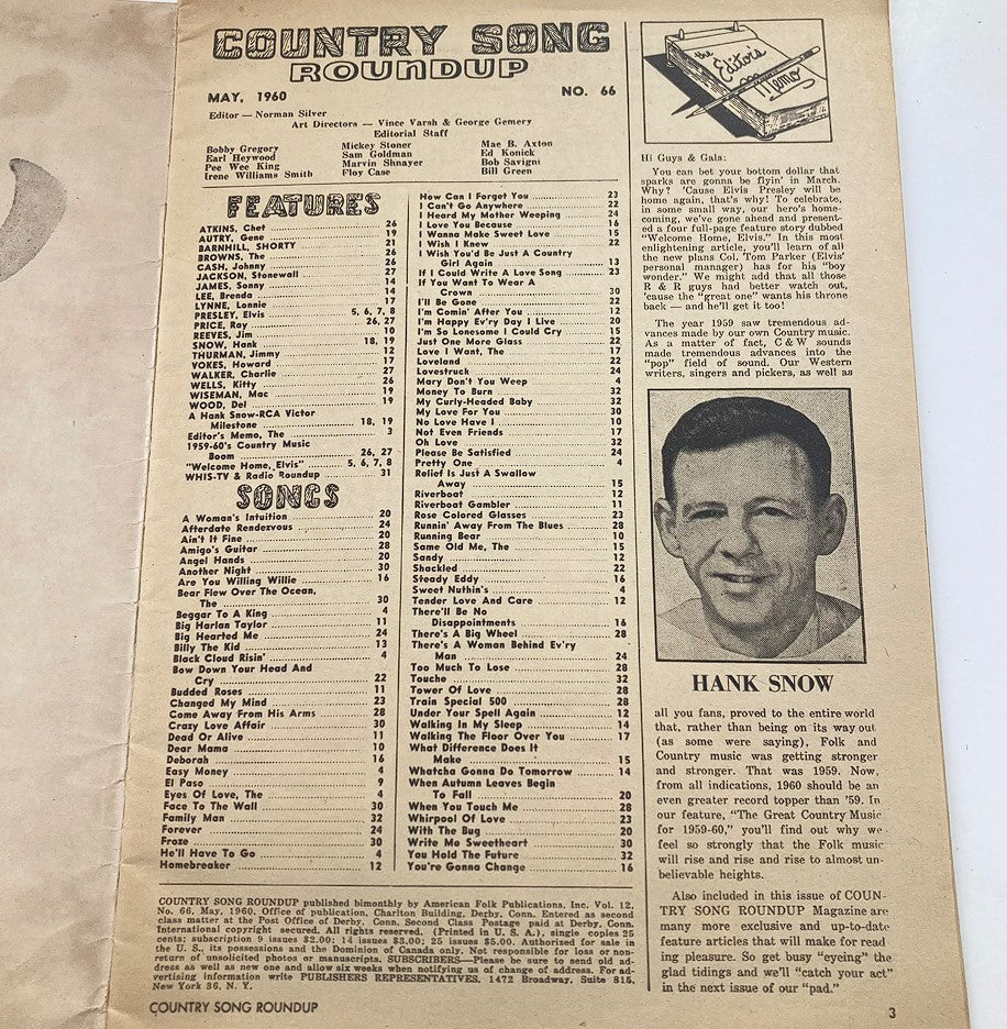 Inside page of VTG Country Song Roundup Magazine May 1960 Vol 12 #66 displaying the magazine's features and song listings for the era.