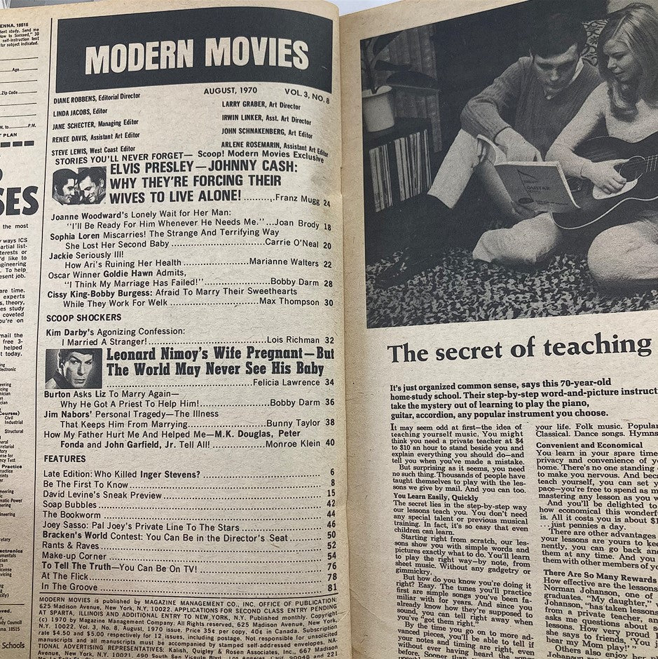 Inside page of VTG Modern Movies Magazine August 1970 Vol 3 #8 featuring articles and images related to Elvis Presley and pop culture of the time.