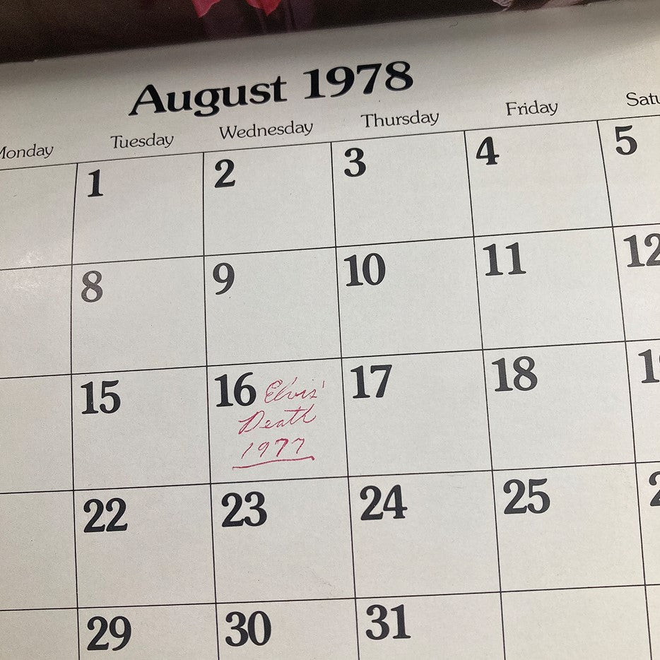 VTG 1978 Elvis Presley Color Calendar January-December illustrating the August 1978 page with a notable marking of Elvis' death.