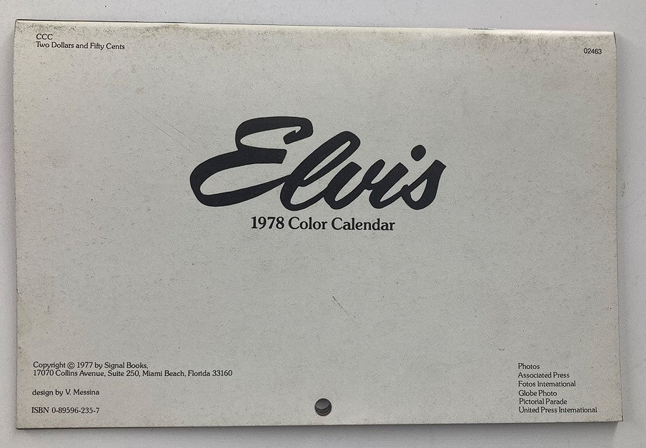 VTG 1978 Elvis Presley Color Calendar January-December featuring the back cover of the calendar with production details.