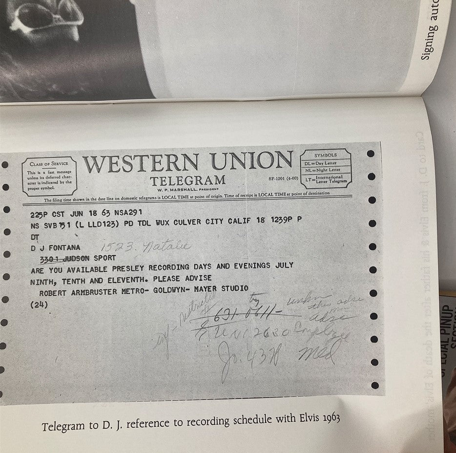 VTG 1981 Remember Elvis Presley by D.J. Fontana: A historic telegram addressed to D.J. Fontana regarding recording sessions with Elvis Presley, dated June 1963.