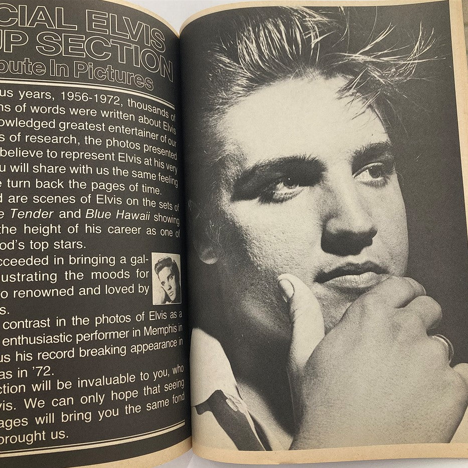 Interior page of VTG Photoplay Magazine Fall 1981, showcasing a special section highlighting Elvis Presley with a striking black and white portrait.