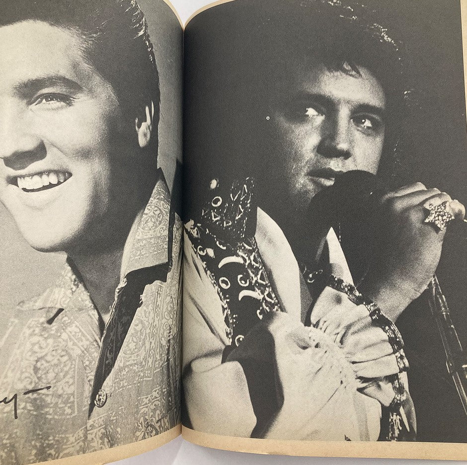 Interior spread from VTG Photoplay Magazine Fall 1981, featuring two images of Elvis Presley, one smiling and one performing with a microphone.