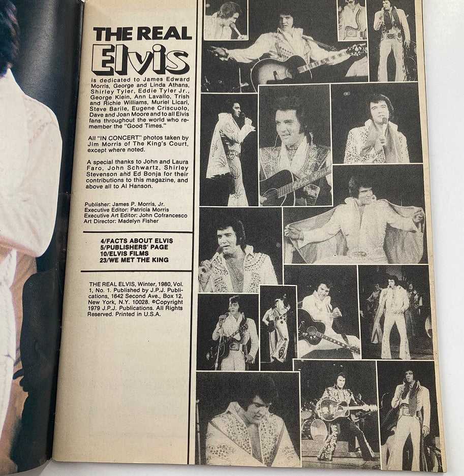 Inside page from the 1980 edition of 'The Real Elvis' magazine, dedicated to Elvis Presley with images capturing his iconic performances and a tribute to his legacy.