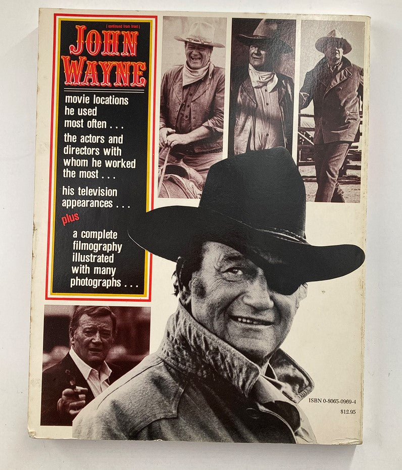 Back cover of '1985 The Official John Wayne Reference Book by Charles John Kieskalt' showcasing John Wayne, filmography information, and notable photographs.