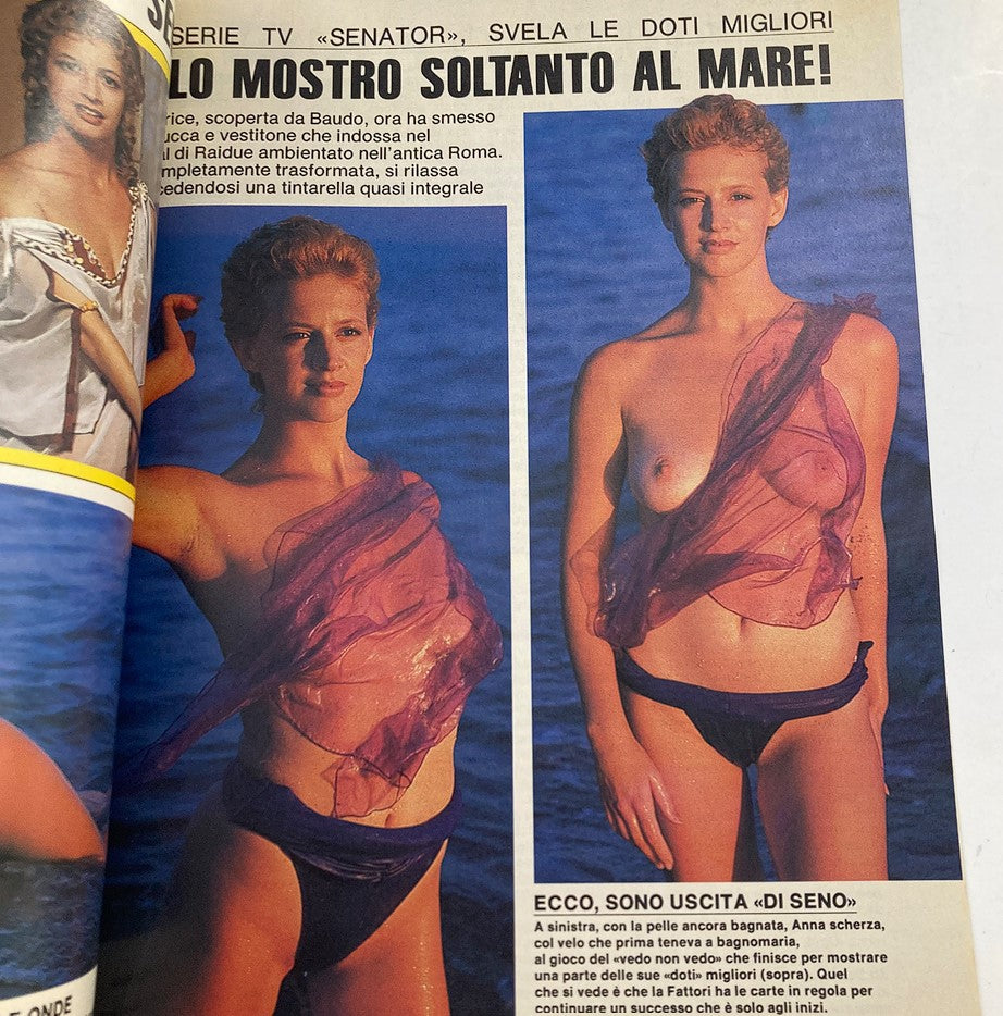 Image of a model showcasing swimwear in the VTG Novella 2000 Magazine 1992 #25, emphasizing beach fashion trends, in Italian.