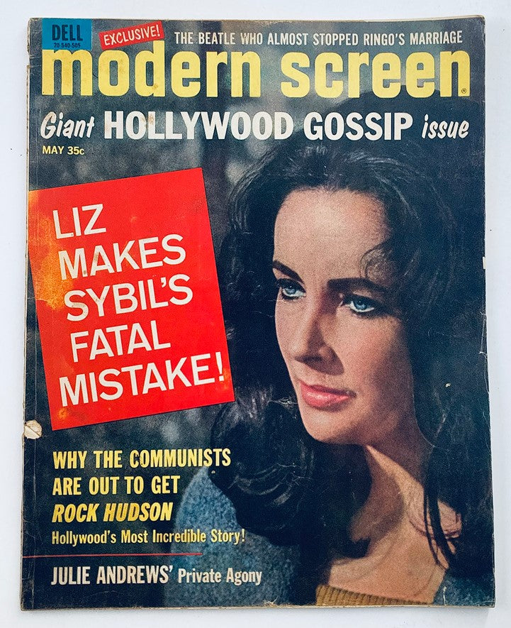 VTG Modern Screen Magazine May 1965 Cover featuring Elizabeth Taylor with headline 'Liz Makes Sybil's Fatal Mistake!' and articles on Hollywood gossip.