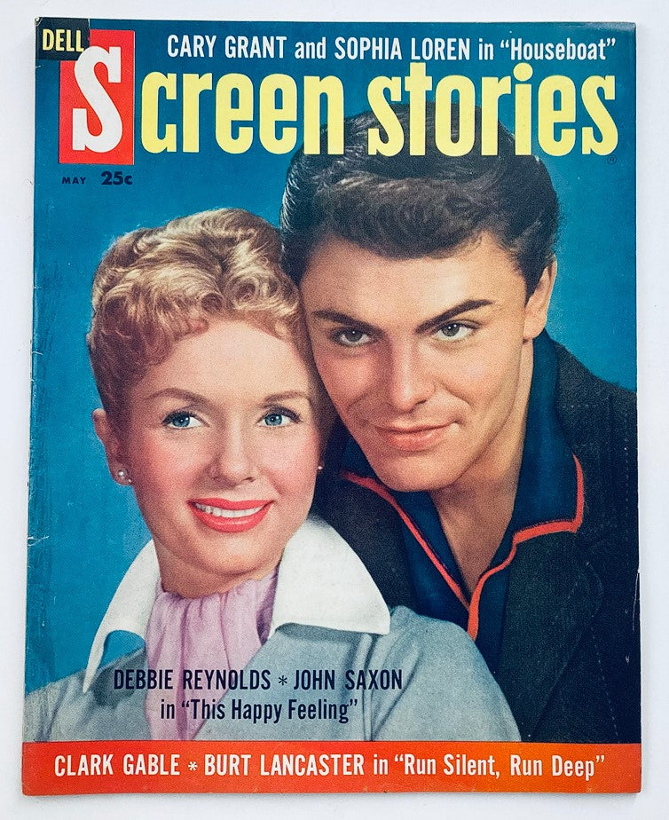 VTG Screen Stories Magazine May 1958 featuring Debbie Reynolds and John Saxon on the cover, highlighting classic Hollywood romance and charm.
