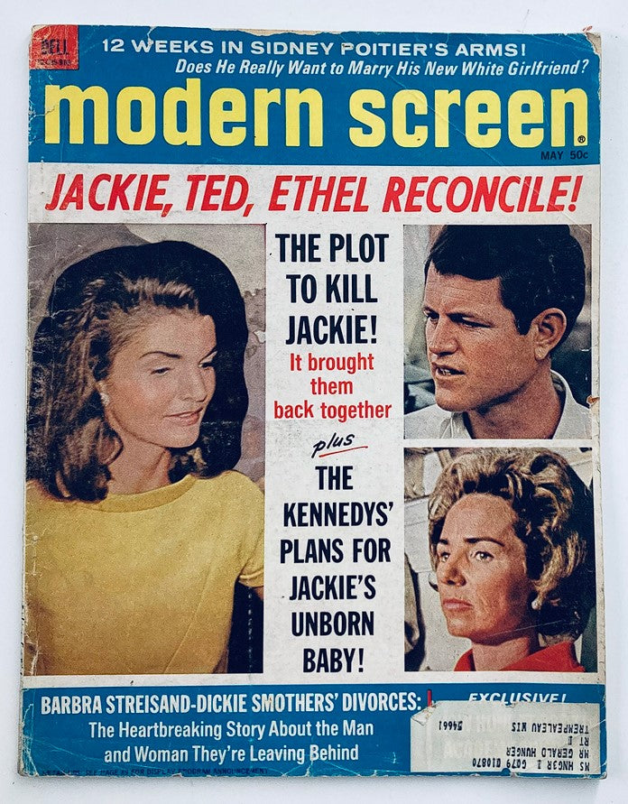 VTG Modern Screen Magazine May 1969 cover featuring Jackie Onassis, Judy Pace, and Sandra Dee, highlighting iconic personalities and pop culture from the 1960s.