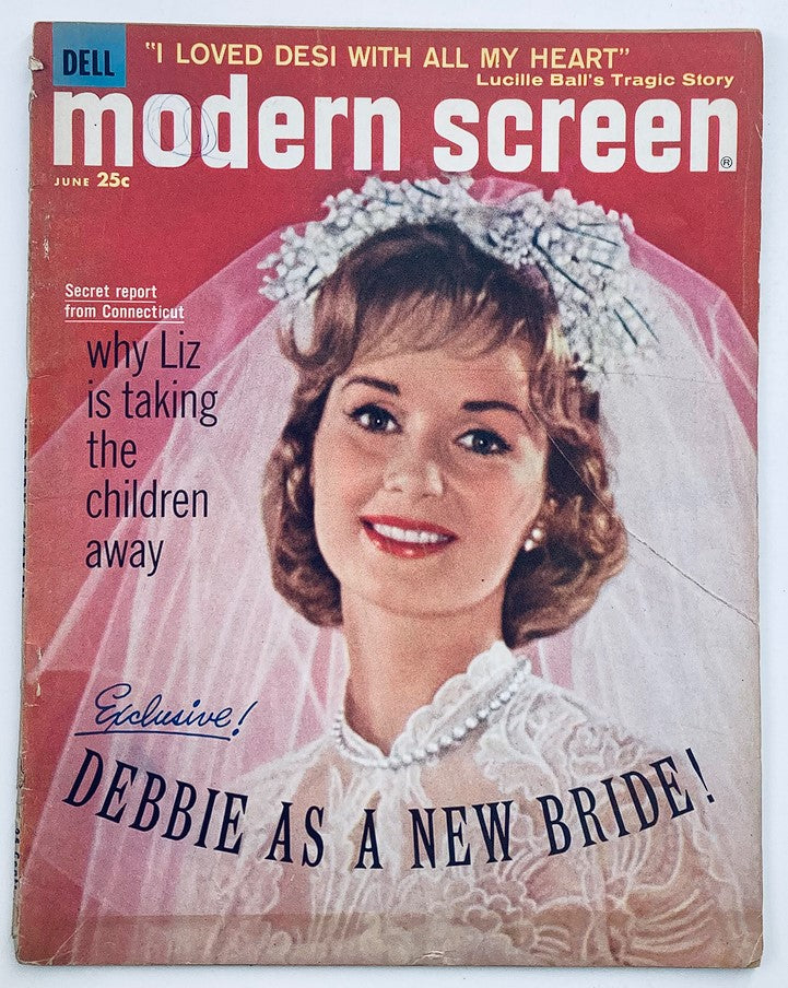 VTG Modern Screen Magazine from June 1960 featuring Debbie Reynolds on the cover, showcasing her as a new bride in an elegant wedding dress, highlighting vintage Hollywood charm.