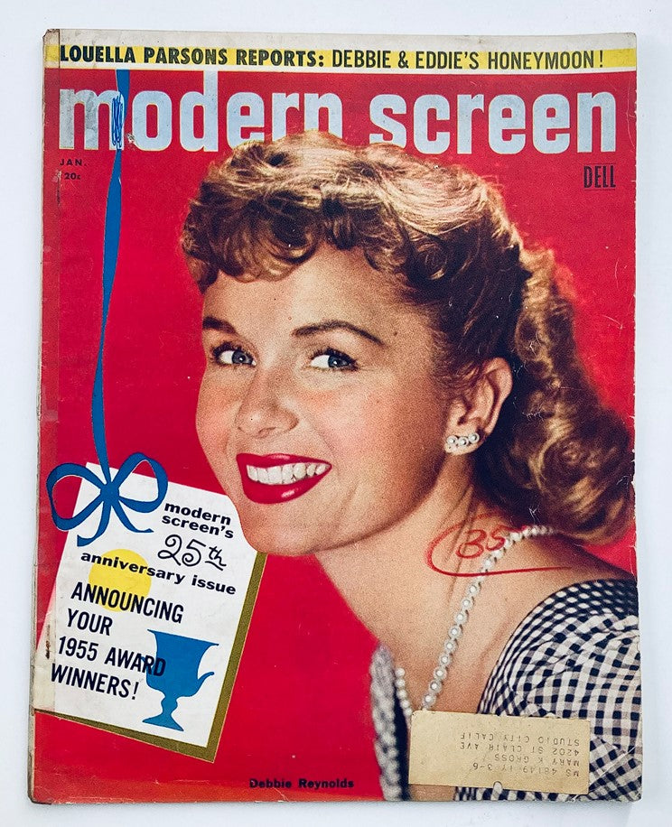 Modern Screen Magazine January 1956 featuring Debbie Reynolds on the cover, showcasing her glamorous smile and vintage hairstyle.