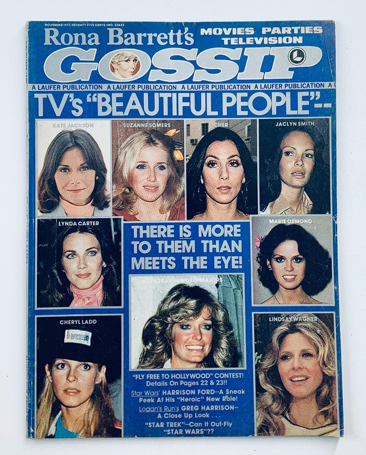 Cover of VTG Rona Barrett's Gossip Magazine November 1977 featuring celebrities including Cher and Lynda Carter, showcasing TV's beautiful people in the context of 1970s celebrity culture.