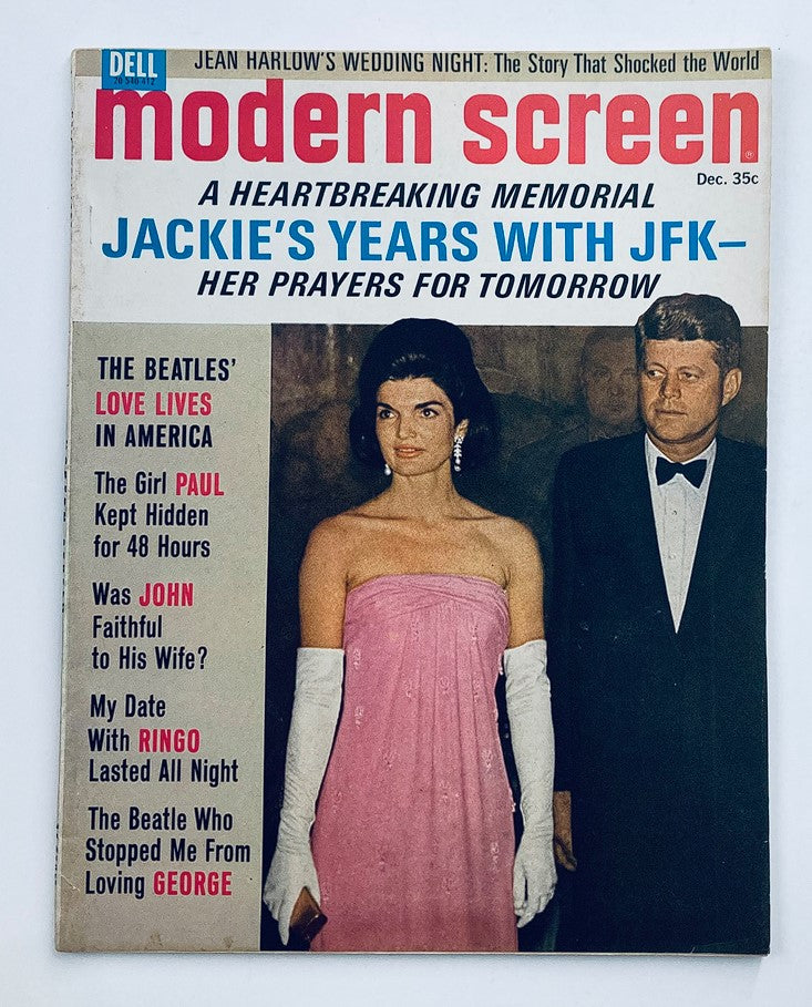 VTG Modern Screen Magazine December 1964 featuring Jackie Kennedy in elegant attire alongside John F. Kennedy, showcasing vintage pop culture and history.