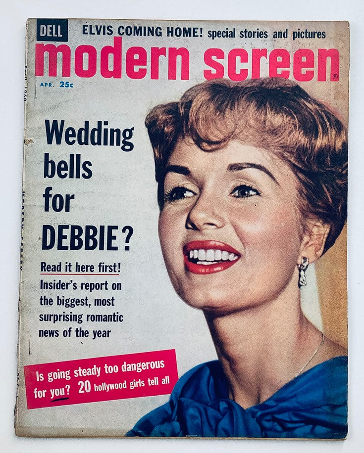 Cover of VTG Modern Screen Magazine April 1960 Vol 54 #4 featuring Debbie Reynolds, highlighting romantic news and Hollywood insights from the 1960s.