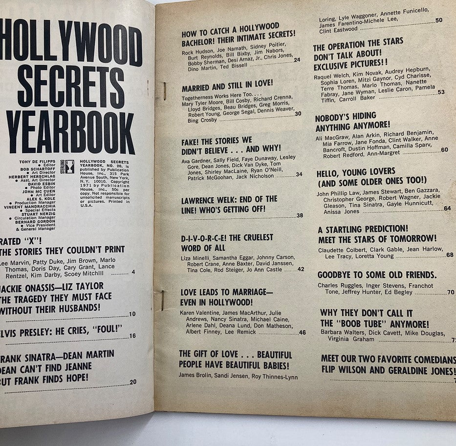 Inside pages of VTG 1971 Hollywood Secrets Yearbook No. 20 detailing various articles and features celebrating Hollywood stars.
