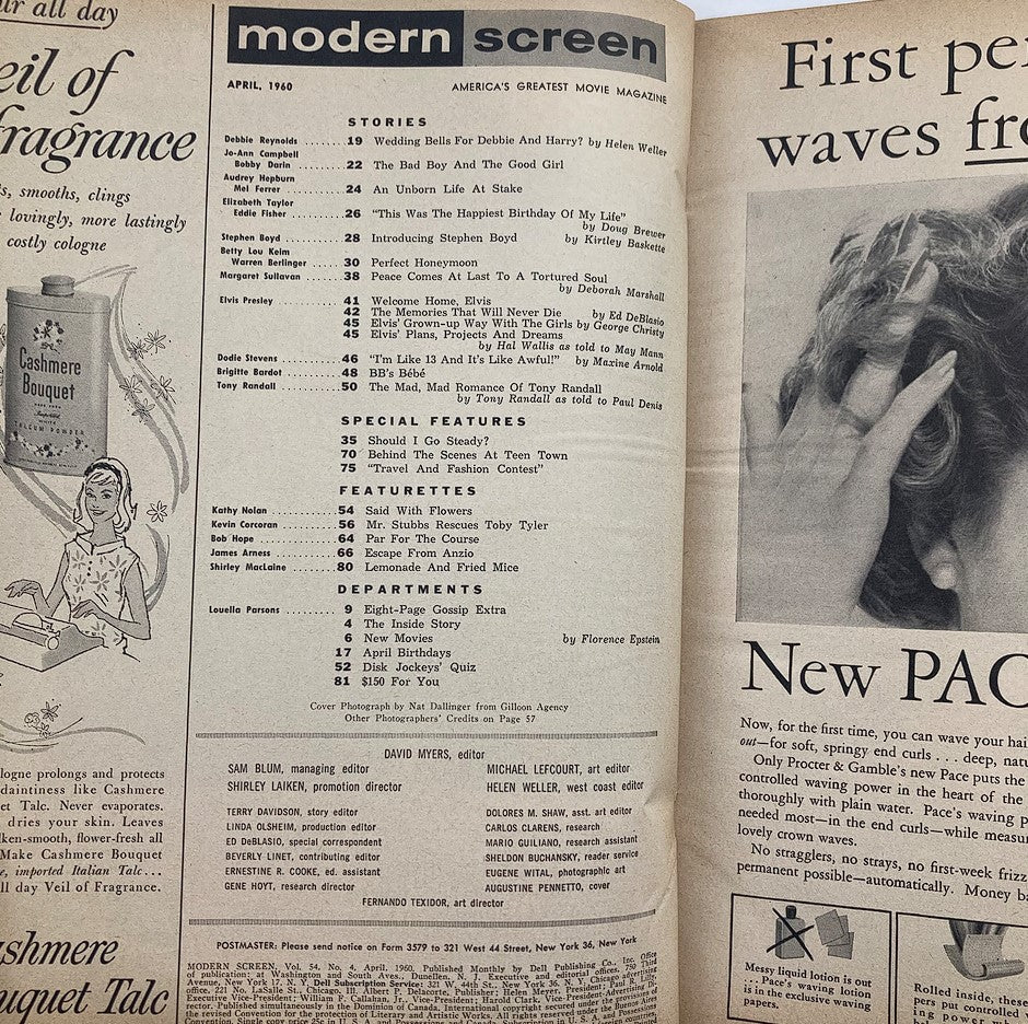 Inside page of VTG Modern Screen Magazine April 1960, Vol 54 #4 featuring table of contents and articles with notable names like Debbie Reynolds and Elvis Presley. This vintage magazine offers a glimpse into the pop culture and celebrity landscape of the 1960s.