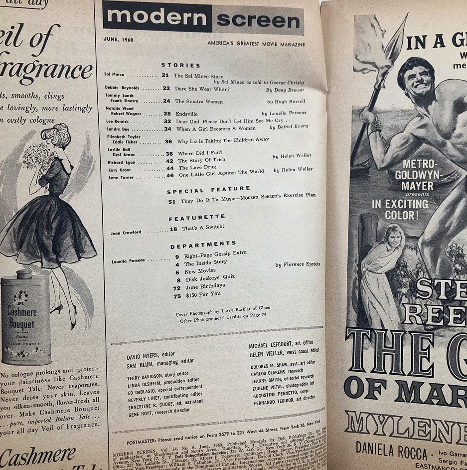 Interior page of the VTG Modern Screen Magazine June 1960, detailing stories and features, including articles on popular celebrities of the era, offering a glimpse into classic Hollywood entertainment.