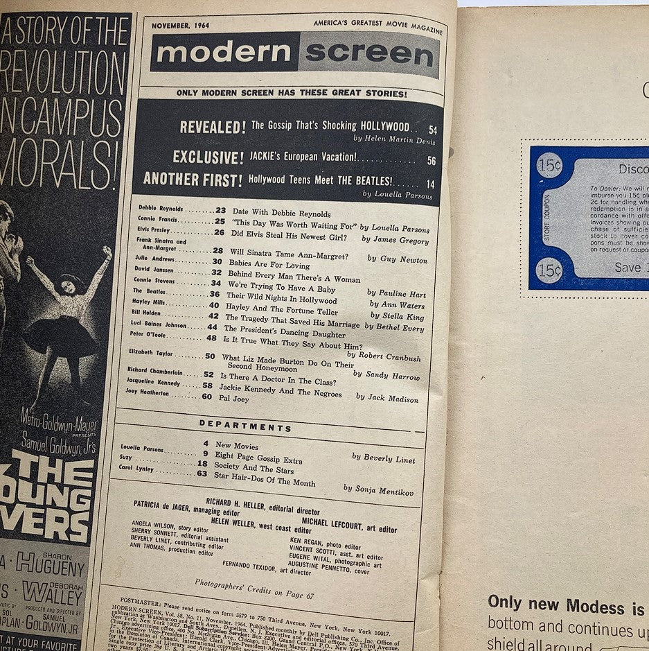 Interior page of VTG Modern Screen Magazine November 1964 Vol 58 #11 featuring the table of contents, showcasing articles including 'Jackie's European Vacation' and 'Hollywood Teens Meet The Beatles', reflecting the cultural essence of the 1960s.